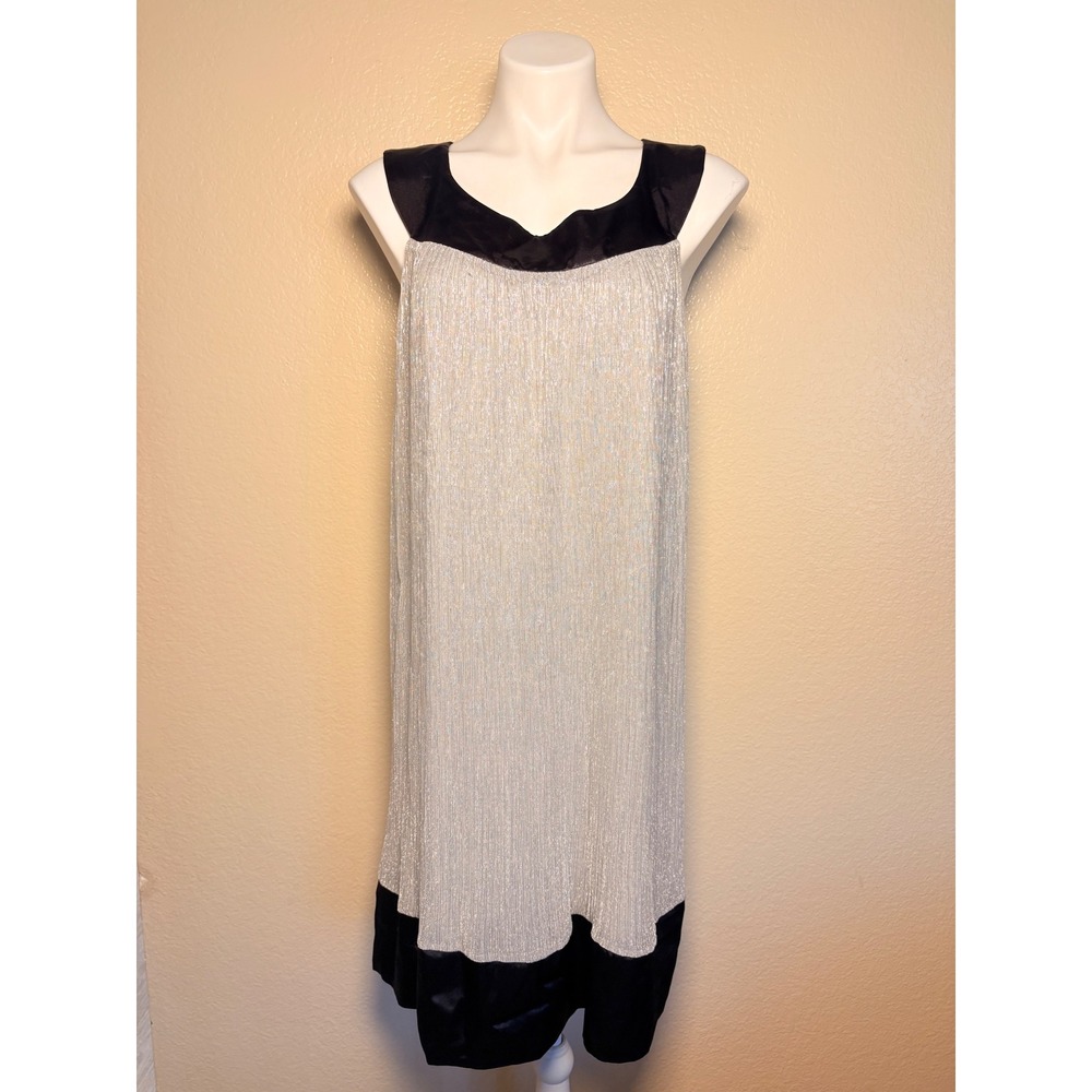 Y2K Enfocus Metallic Pleated Shift Dress Black Satin Trim Bow Back #11